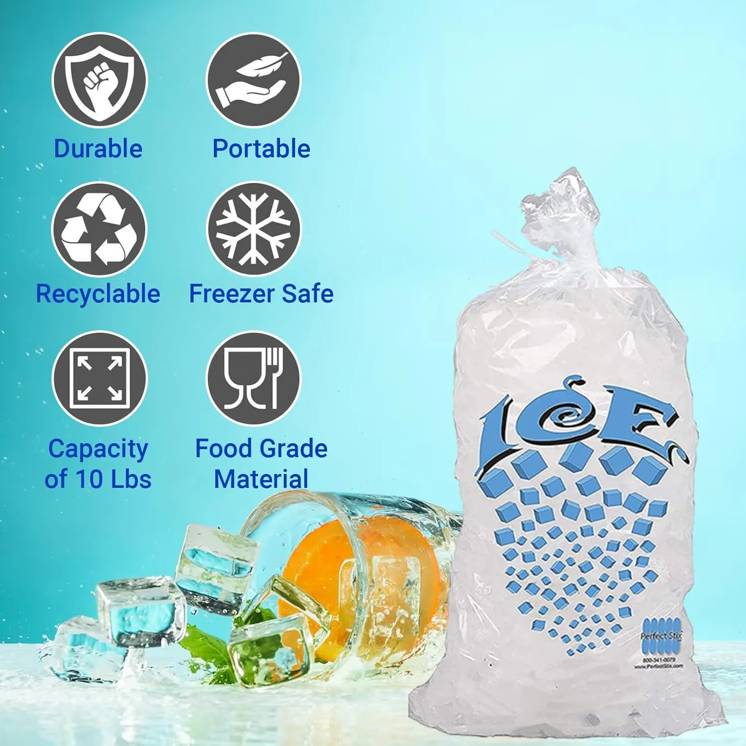 Perfect Stix Icebag10TT-100 Ice Bag with Twist Tie Enclosure, 10 lbs (Pack of 100)