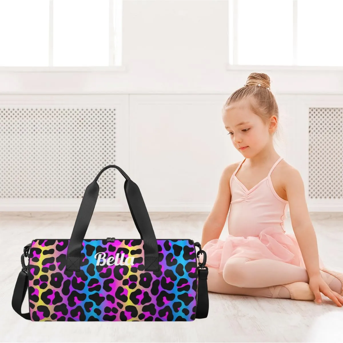 Personalized Dance Bag Gym Bag for Girls Boys, Personalized Custom Sports Gym Bag, Cylindrical Kids Travel Duffel Bags Weekender Overnight Bag for Teen Kids, Neon Colorful Leopard Cheetah Skin