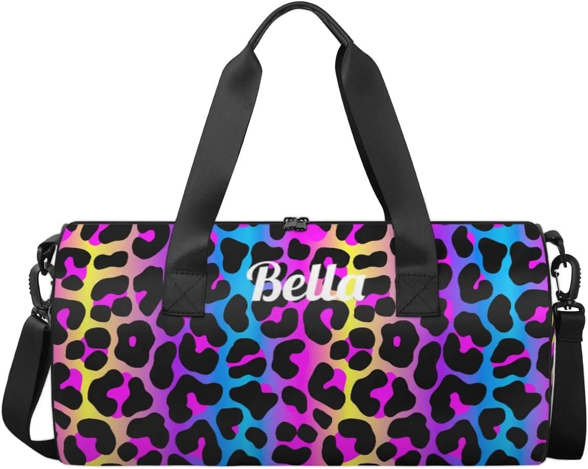 Personalized Dance Bag Gym Bag for Girls Boys, Personalized Custom Sports Gym Bag, Cylindrical Kids Travel Duffel Bags Weekender Overnight Bag for Teen Kids, Neon Colorful Leopard Cheetah Skin