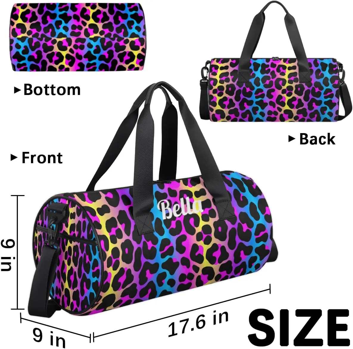 Personalized Dance Bag Gym Bag for Girls Boys, Personalized Custom Sports Gym Bag, Cylindrical Kids Travel Duffel Bags Weekender Overnight Bag for Teen Kids, Neon Colorful Leopard Cheetah Skin