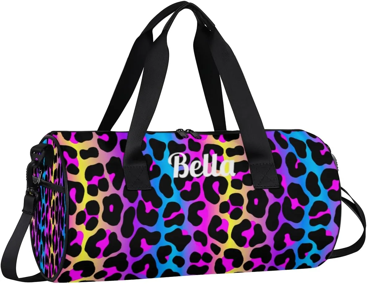 Personalized Dance Bag Gym Bag for Girls Boys, Personalized Custom Sports Gym Bag, Cylindrical Kids Travel Duffel Bags Weekender Overnight Bag for Teen Kids, Neon Colorful Leopard Cheetah Skin