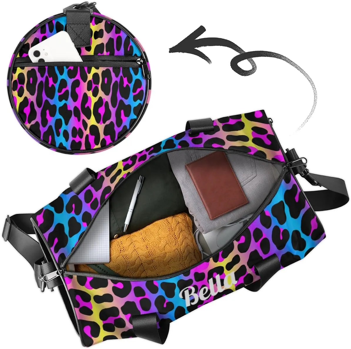 Personalized Dance Bag Gym Bag for Girls Boys, Personalized Custom Sports Gym Bag, Cylindrical Kids Travel Duffel Bags Weekender Overnight Bag for Teen Kids, Neon Colorful Leopard Cheetah Skin