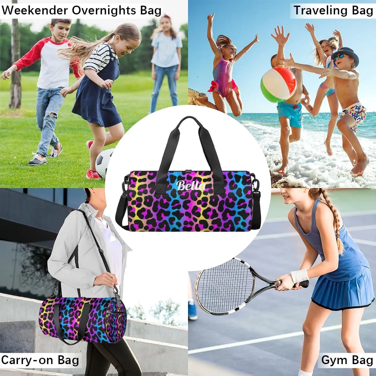 Personalized Dance Bag Gym Bag for Girls Boys, Personalized Custom Sports Gym Bag, Cylindrical Kids Travel Duffel Bags Weekender Overnight Bag for Teen Kids, Neon Colorful Leopard Cheetah Skin