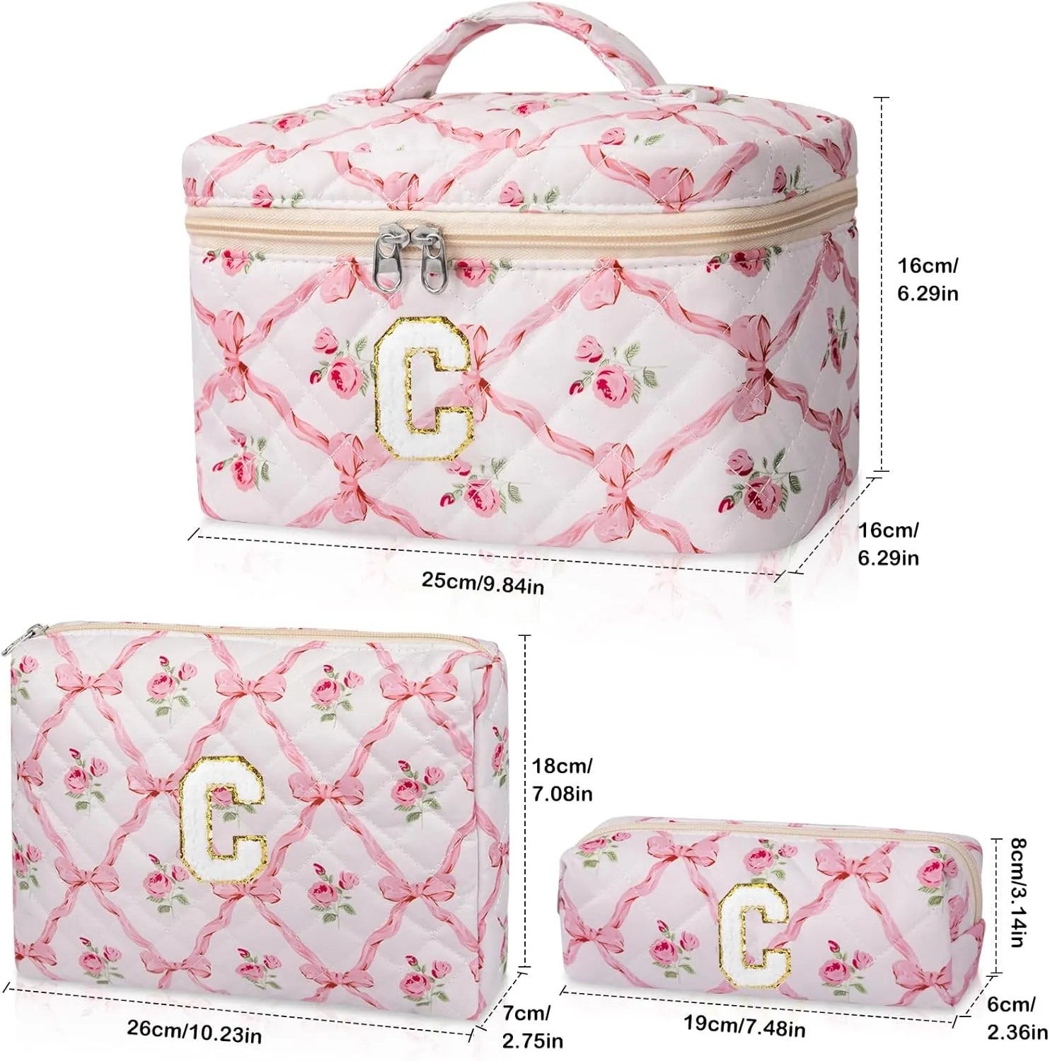 Personalized Initial Makeup Bag Set, Quilted Makeup Bag, Large Floral Cosmetic Bag for Women, Cute Cotton Custom Make up Bags, Flower Travel Toiletry Bag Teen Girl Gift Trendy Stuff Gift C