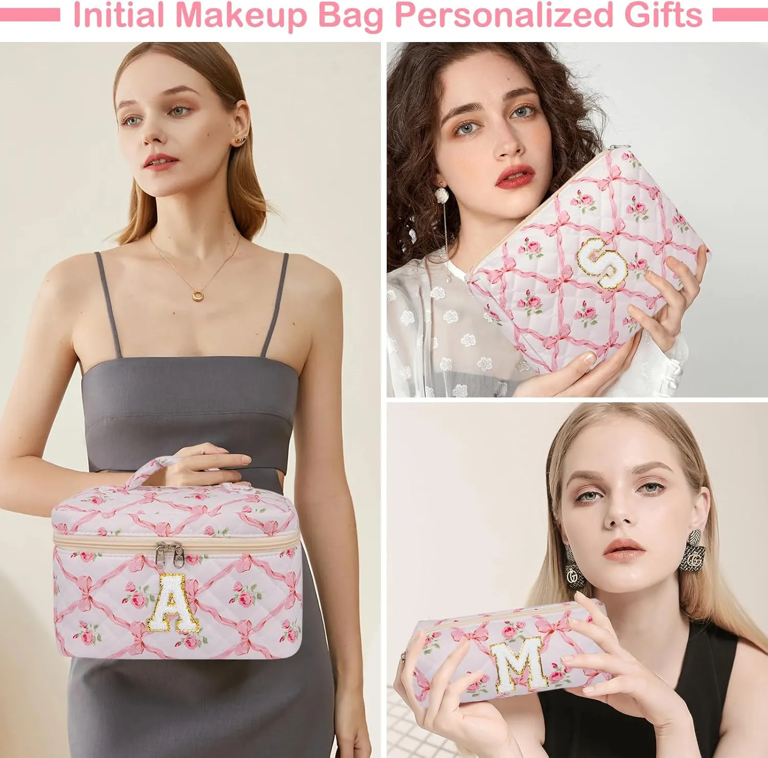 Personalized Initial Makeup Bag Set, Quilted Makeup Bag, Large Floral Cosmetic Bag for Women, Cute Cotton Custom Make up Bags, Flower Travel Toiletry Bag Teen Girl Gift Trendy Stuff Gift C