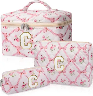 Personalized Initial Makeup Bag Set, Quilted Makeup Bag, Large Floral Cosmetic Bag for Women, Cute Cotton Custom Make up Bags, Flower Travel Toiletry Bag Teen Girl Gift Trendy Stuff Gift C