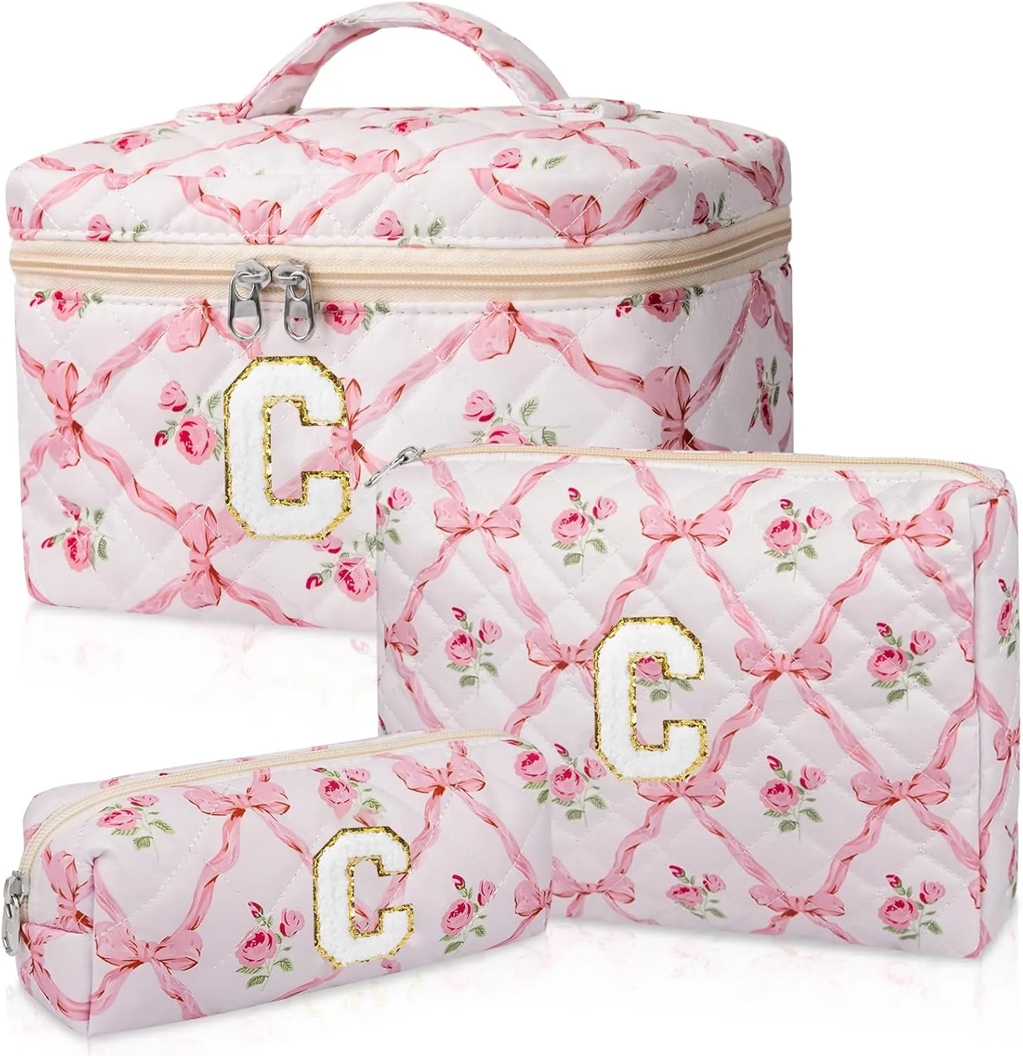 Personalized Initial Makeup Bag Set, Quilted Makeup Bag, Large Floral Cosmetic Bag for Women, Cute Cotton Custom Make up Bags, Flower Travel Toiletry Bag Teen Girl Gift Trendy Stuff Gift C