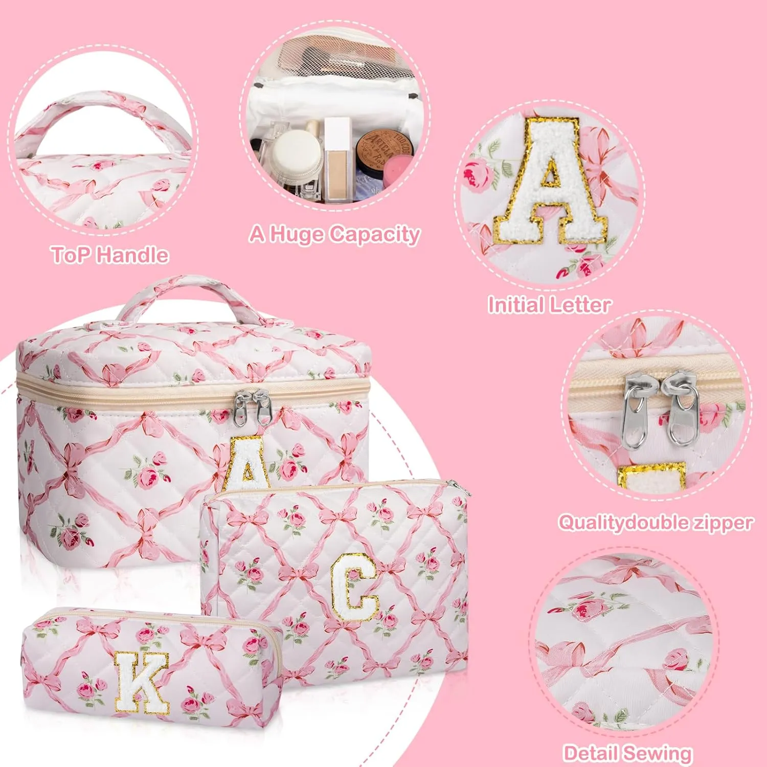 Personalized Initial Makeup Bag Set, Quilted Makeup Bag, Large Floral Cosmetic Bag for Women, Cute Cotton Custom Make up Bags, Flower Travel Toiletry Bag Teen Girl Gift Trendy Stuff Gift C