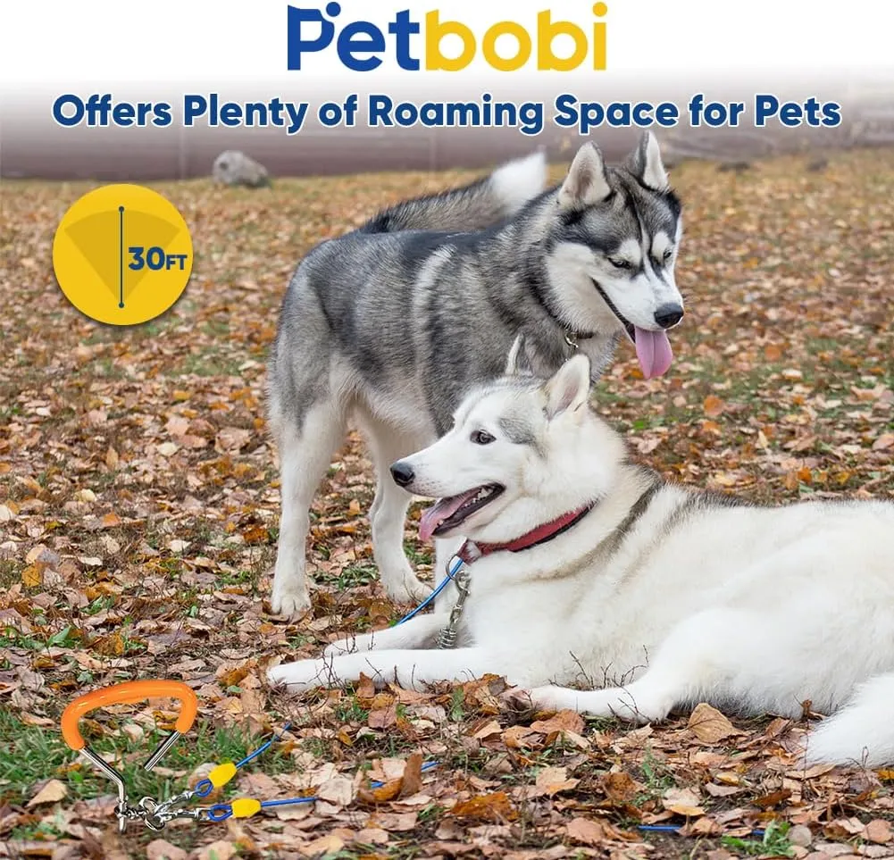Petbobi Dog Tie-Out Cable and Stake - 30ft Heavy Duty Cable with Spring, No Tangle, 16in Ground Stake, Ideal for Yard, Camping and Beach, Suitable for Small Medium Large Dogs Up to 120 lbs, Blue