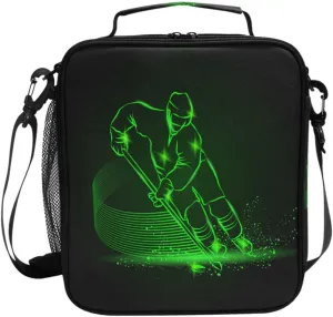 Pfrewn Hockey Player Lunch Box for Kids Green Neon Hockey Sport Insulated Lunch Bag Reusable Cooler Meal Prep Bags Lunch Tote with Shoulder Strap for Boys Girls School Office Adult