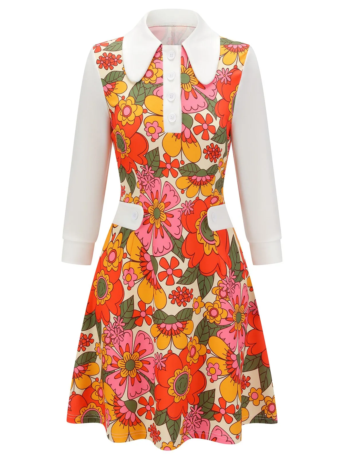 Pink 1960s Lapel Flowers Patchwork Dress