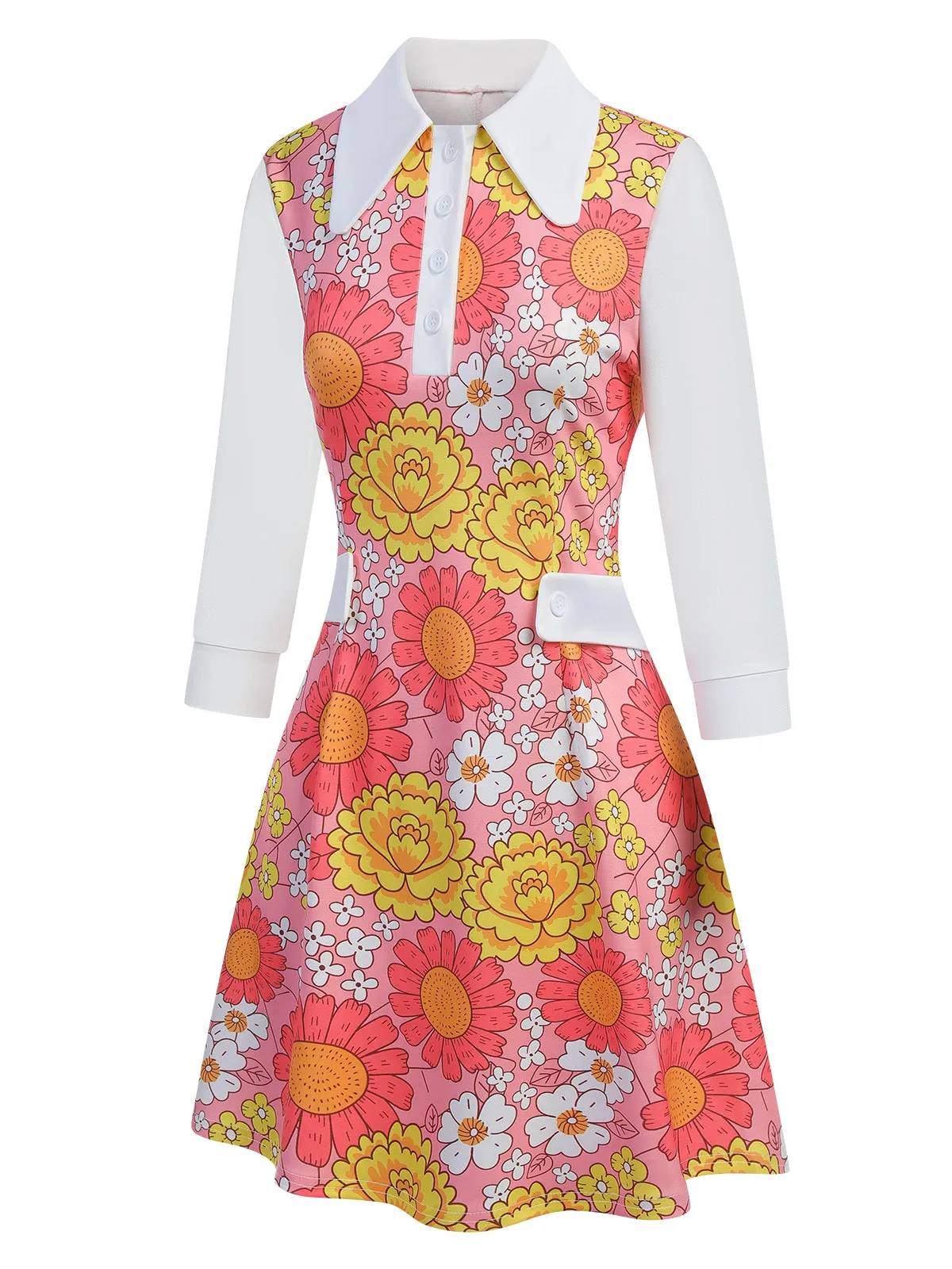 Pink 1960s Lapel Flowers Patchwork Dress