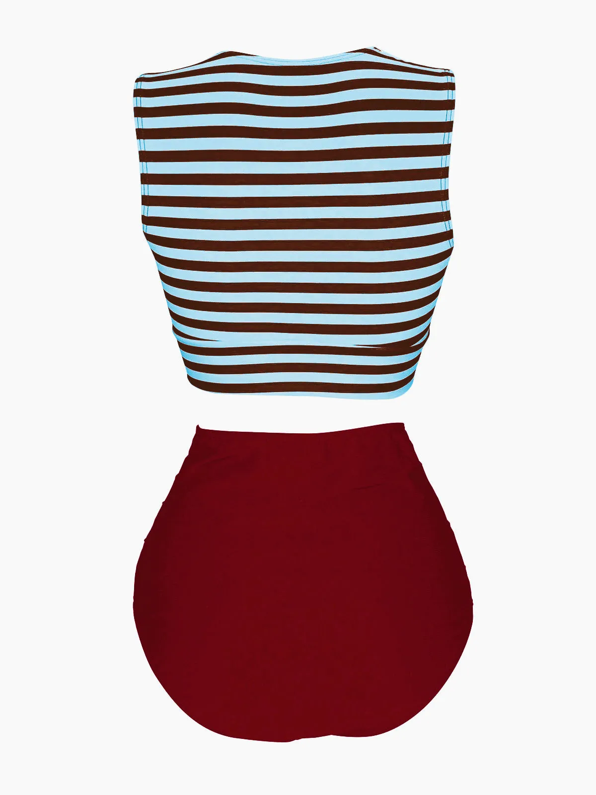 Pink 1970s Striped Waist Tie Patchwork Swimsuit