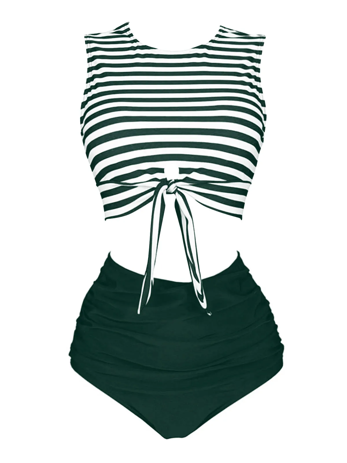 Pink 1970s Striped Waist Tie Patchwork Swimsuit