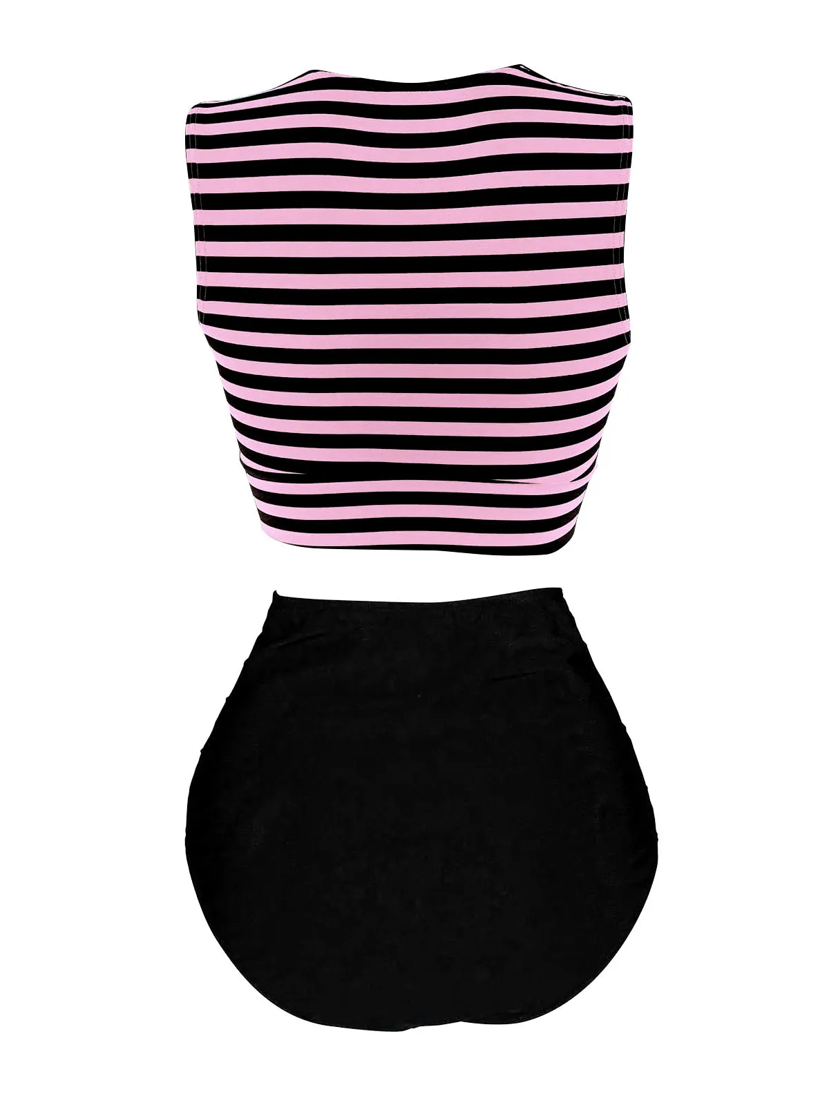 Pink 1970s Striped Waist Tie Patchwork Swimsuit