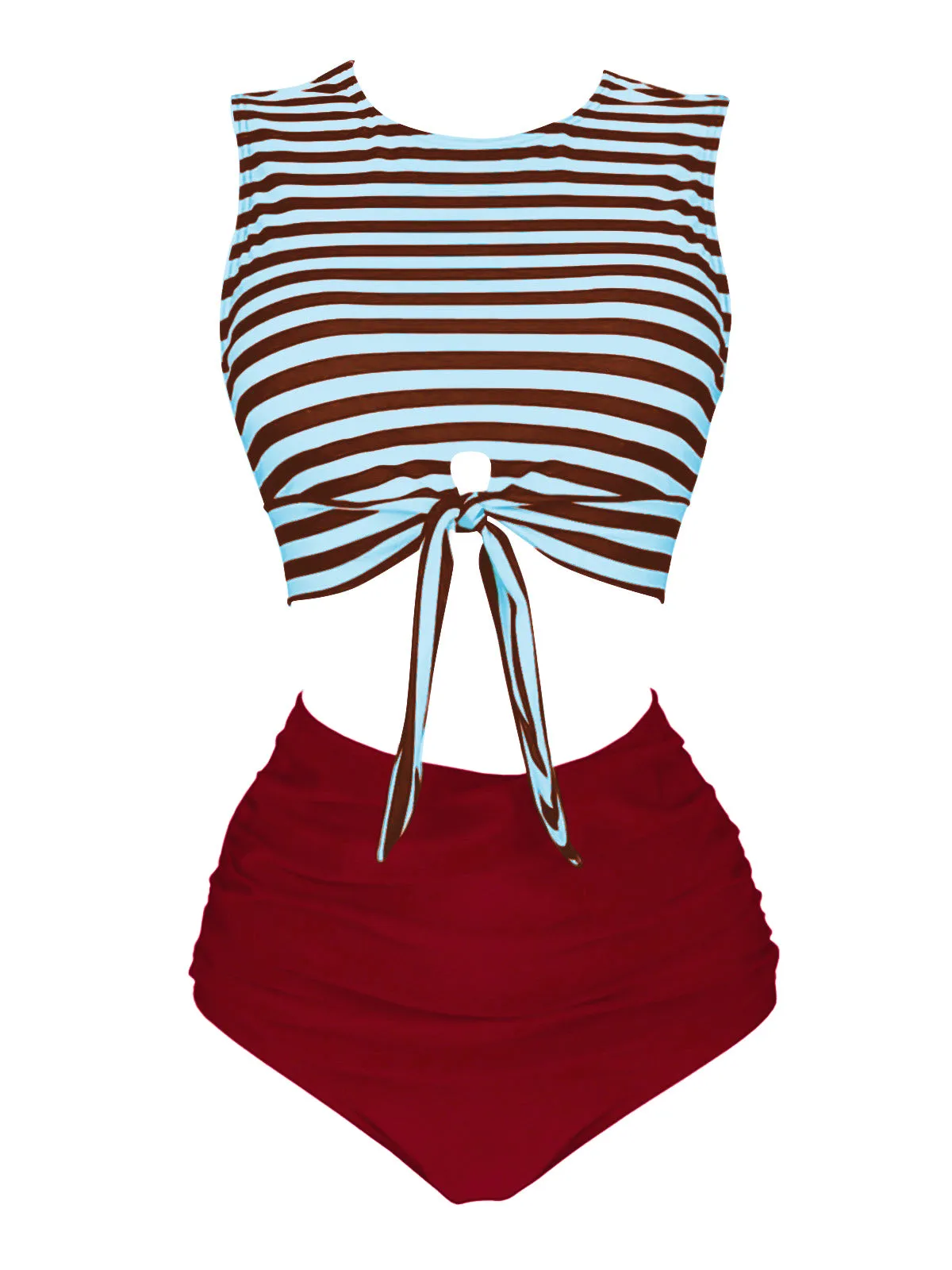 Pink 1970s Striped Waist Tie Patchwork Swimsuit