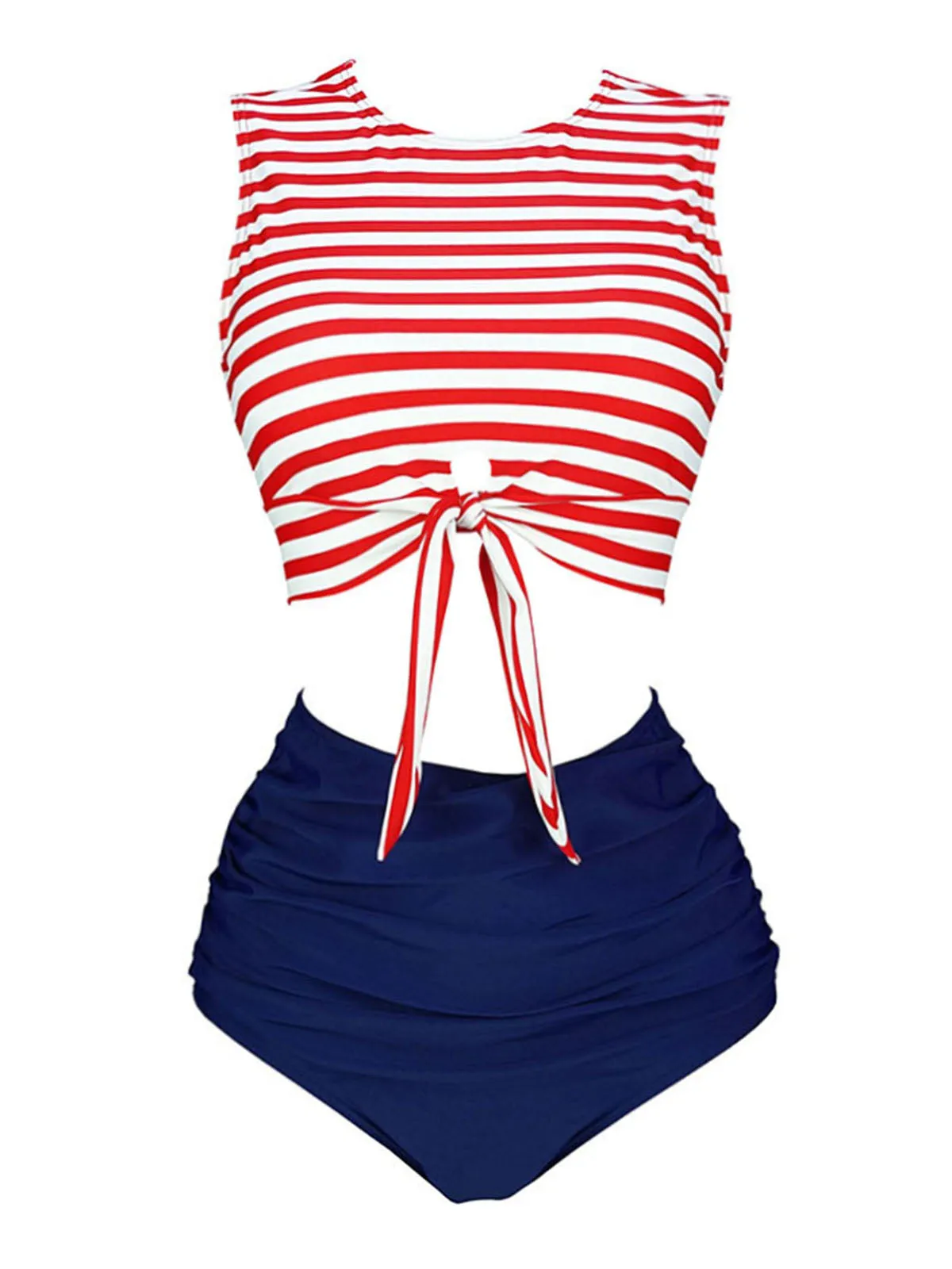 Pink 1970s Striped Waist Tie Patchwork Swimsuit
