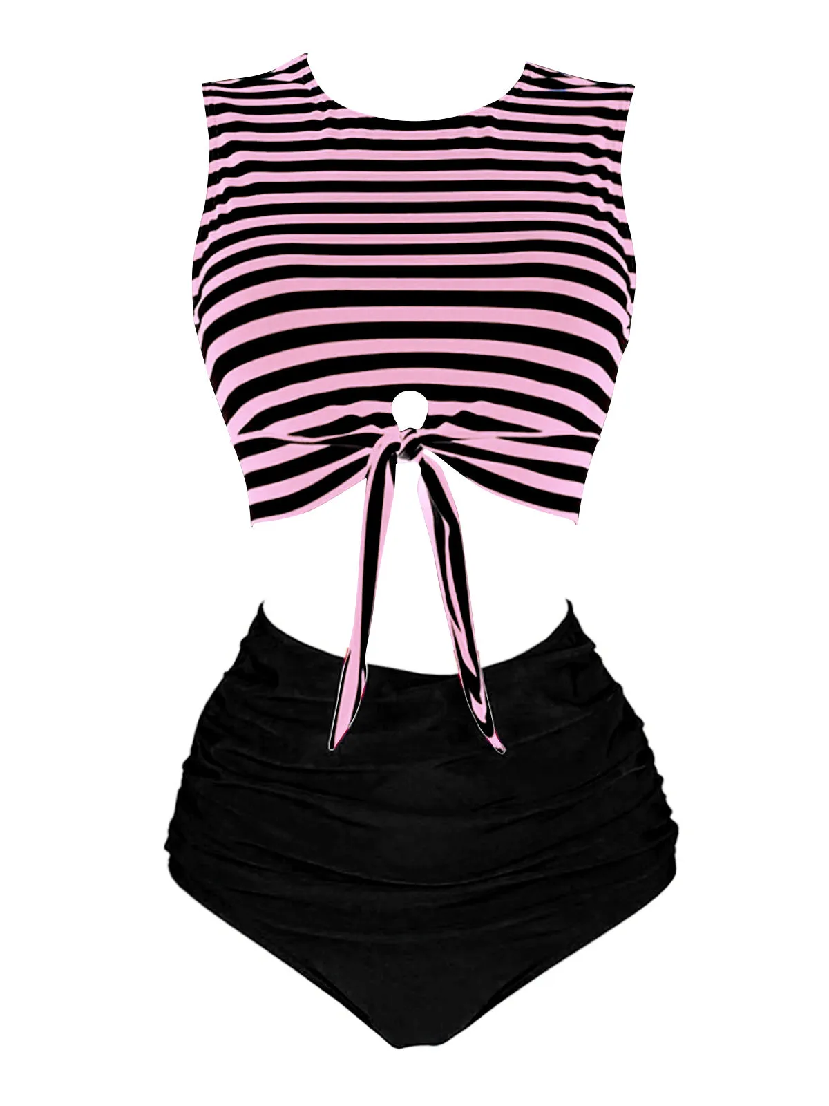 Pink 1970s Striped Waist Tie Patchwork Swimsuit