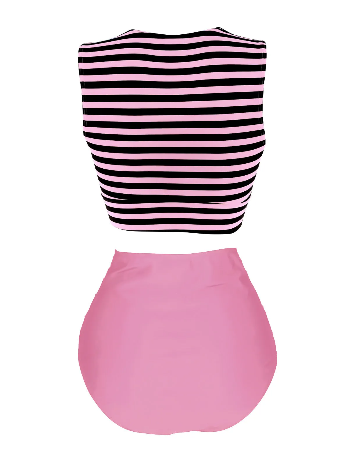 Pink 1970s Striped Waist Tie Patchwork Swimsuit