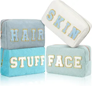 Pinkunn 4 Pcs Preppy Makeup Bags Chenille Letter Travel Organizer Face Skin Hair Stuff Corduroy Cosmetic Hygiene Toiletry Pouch with Zipper Wedding Birthday Gifts for Women(Blue Series Colors)