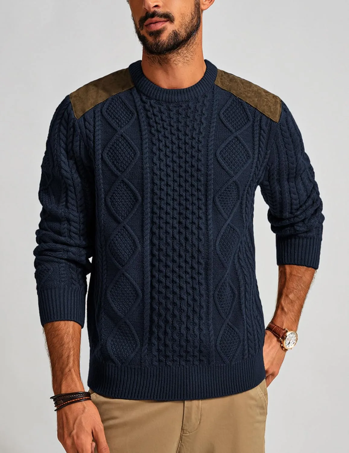 PJ PAUL JONES Men's Military Pullover Sweater Crewneck Vintage Cable Knit Sweater with Suede Patchwork