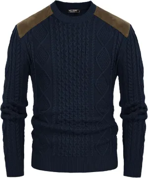 PJ PAUL JONES Men's Military Pullover Sweater Crewneck Vintage Cable Knit Sweater with Suede Patchwork