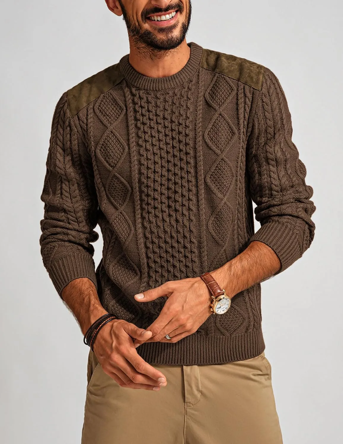 PJ PAUL JONES Men's Military Pullover Sweater Crewneck Vintage Cable Knit Sweater with Suede Patchwork