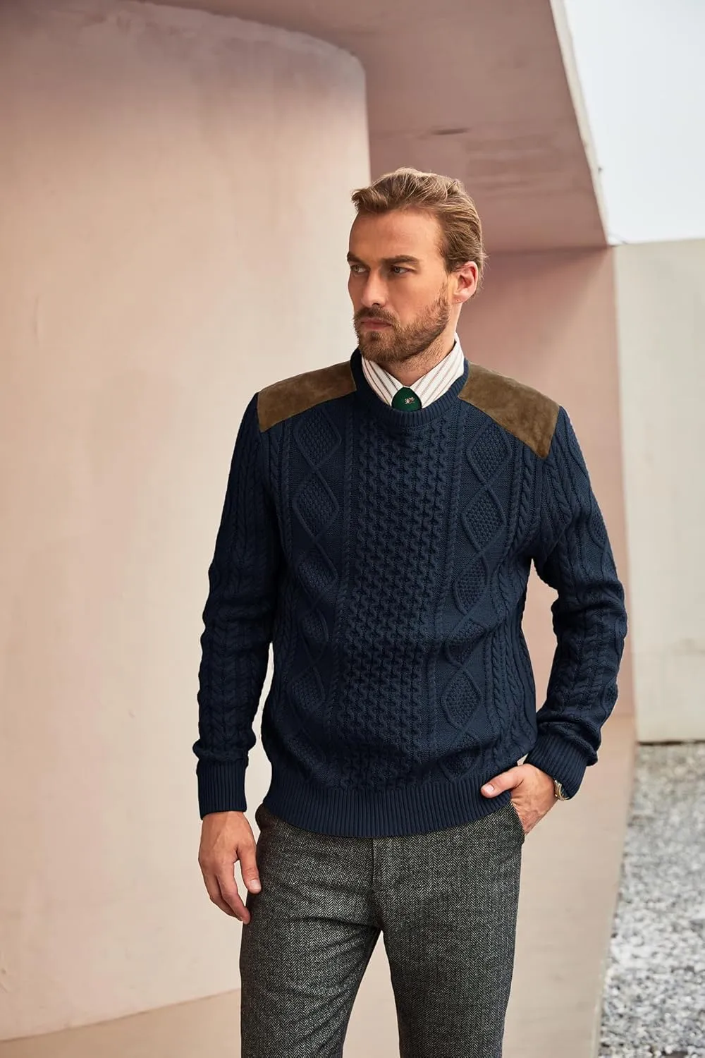 PJ PAUL JONES Men's Military Pullover Sweater Crewneck Vintage Cable Knit Sweater with Suede Patchwork