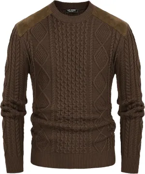 PJ PAUL JONES Men's Military Pullover Sweater Crewneck Vintage Cable Knit Sweater with Suede Patchwork