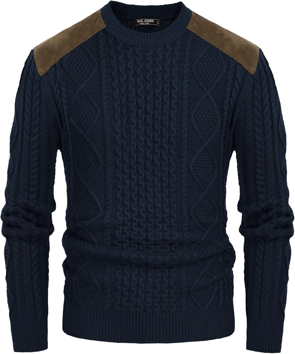 PJ PAUL JONES Men's Military Pullover Sweater Crewneck Vintage Cable Knit Sweater with Suede Patchwork