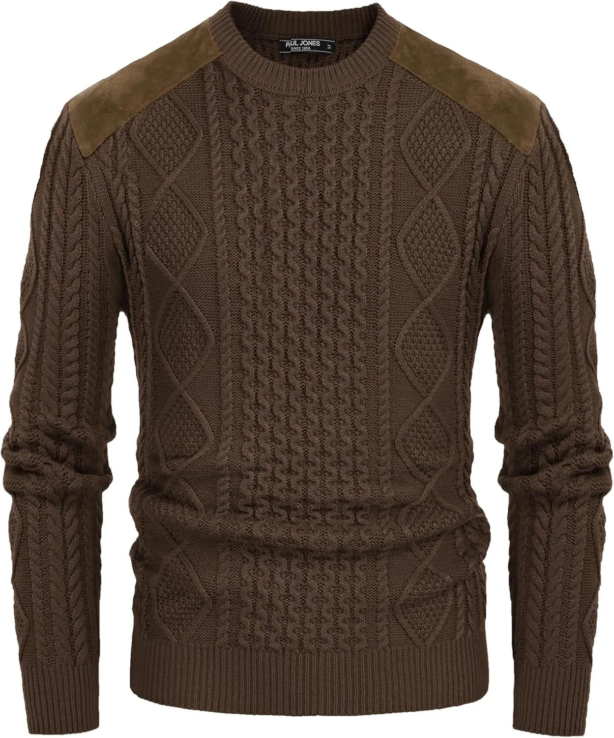 PJ PAUL JONES Men's Military Pullover Sweater Crewneck Vintage Cable Knit Sweater with Suede Patchwork