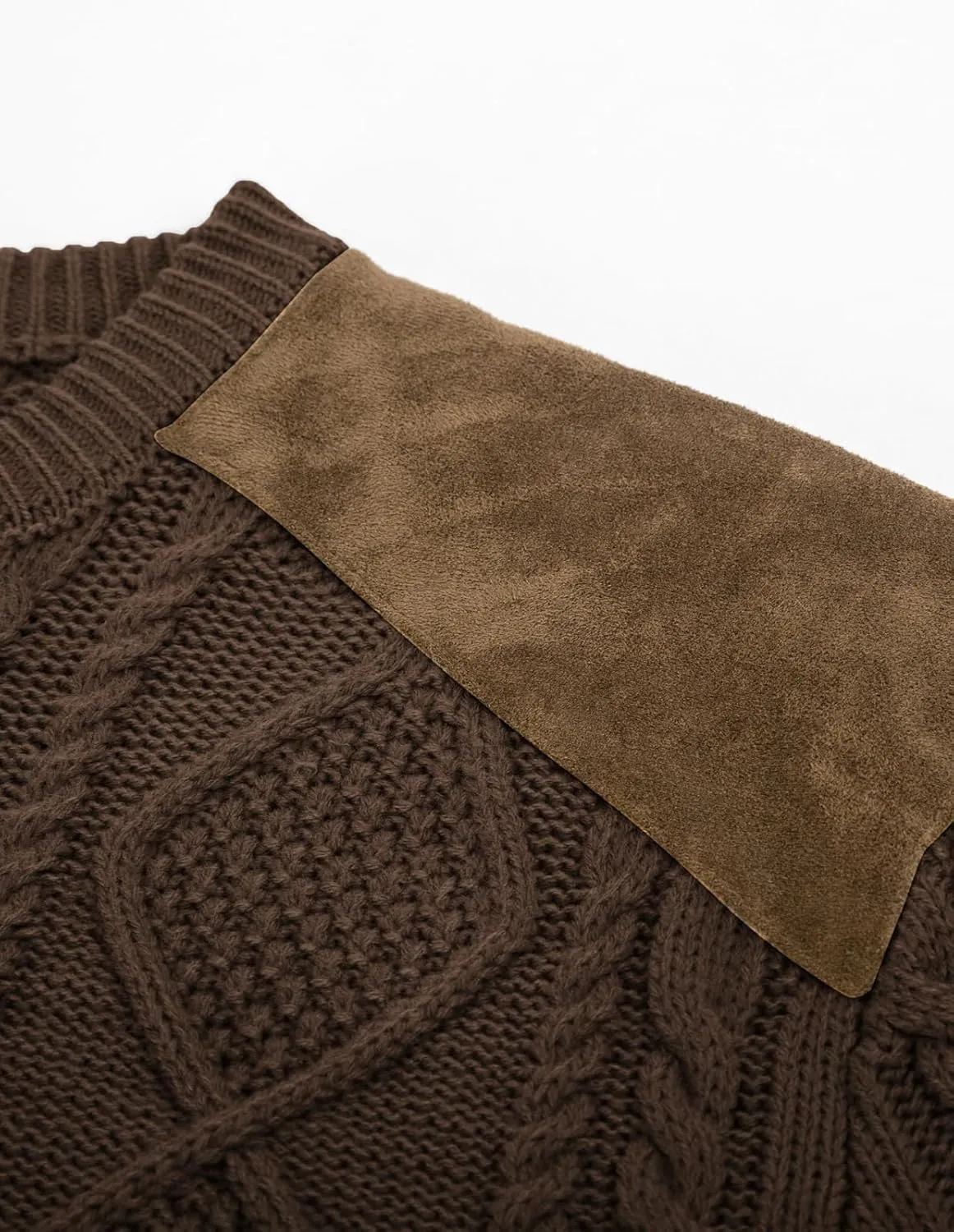 PJ PAUL JONES Men's Military Pullover Sweater Crewneck Vintage Cable Knit Sweater with Suede Patchwork