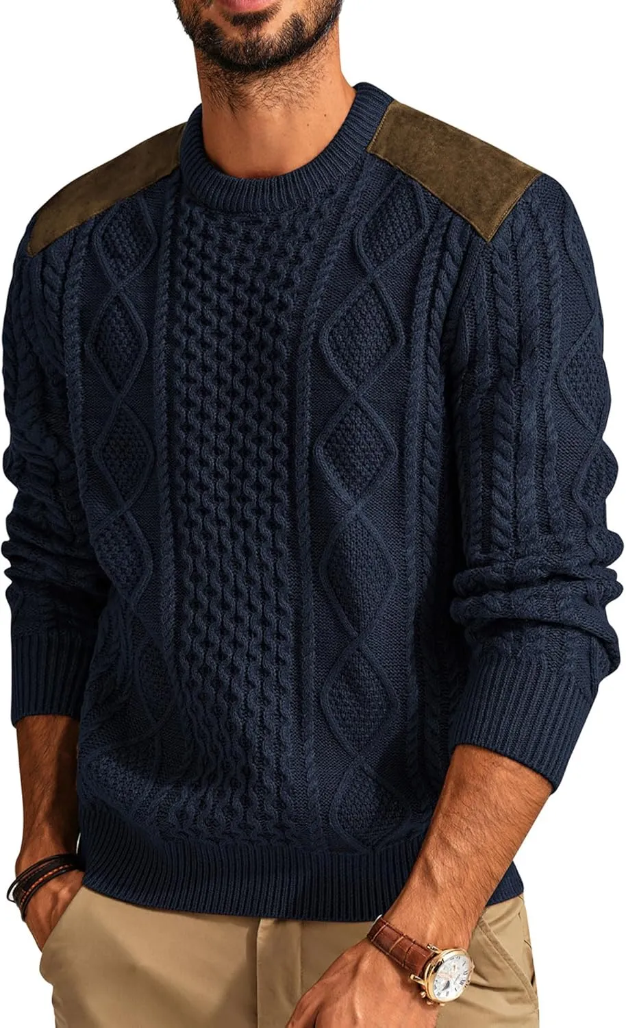 PJ PAUL JONES Men's Military Pullover Sweater Crewneck Vintage Cable Knit Sweater with Suede Patchwork