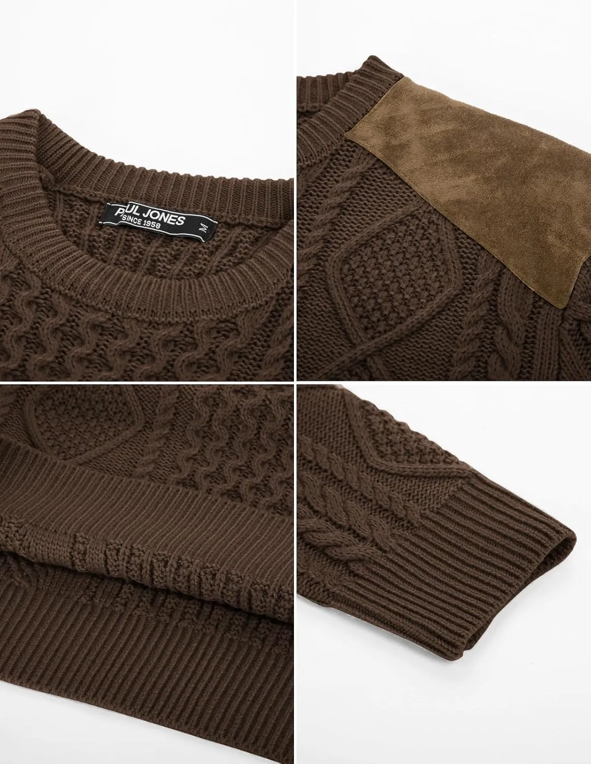 PJ PAUL JONES Men's Military Pullover Sweater Crewneck Vintage Cable Knit Sweater with Suede Patchwork