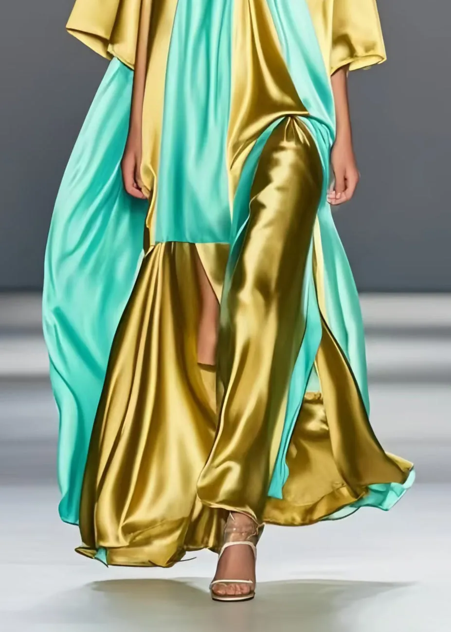 Plus Size Grass Green Asymmetrical Patchwork Silk Maxi Dresses Summer
