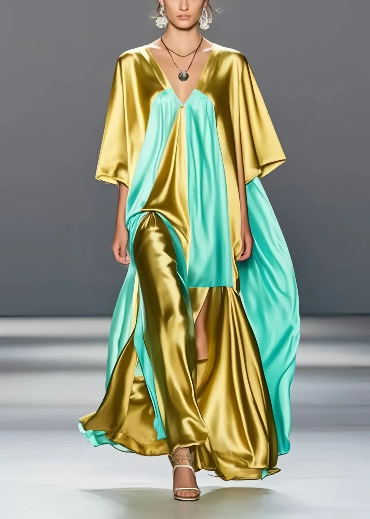 Plus Size Grass Green Asymmetrical Patchwork Silk Maxi Dresses Summer