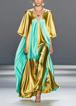 Plus Size Grass Green Asymmetrical Patchwork Silk Maxi Dresses Summer