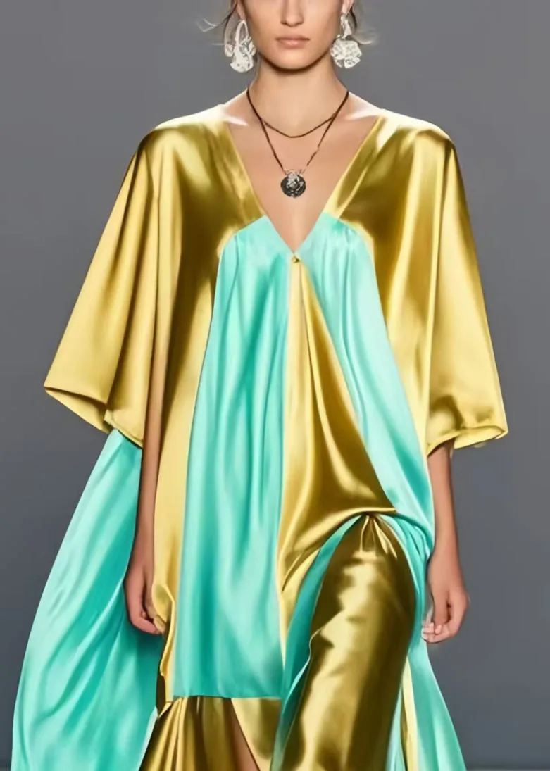 Plus Size Grass Green Asymmetrical Patchwork Silk Maxi Dresses Summer