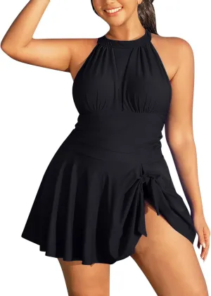 Plus Size Swimsuits for Women Spring Patchwork One Piece Trendy Swimdress Tie Knot Solid Halter Skirt Bathing Suits