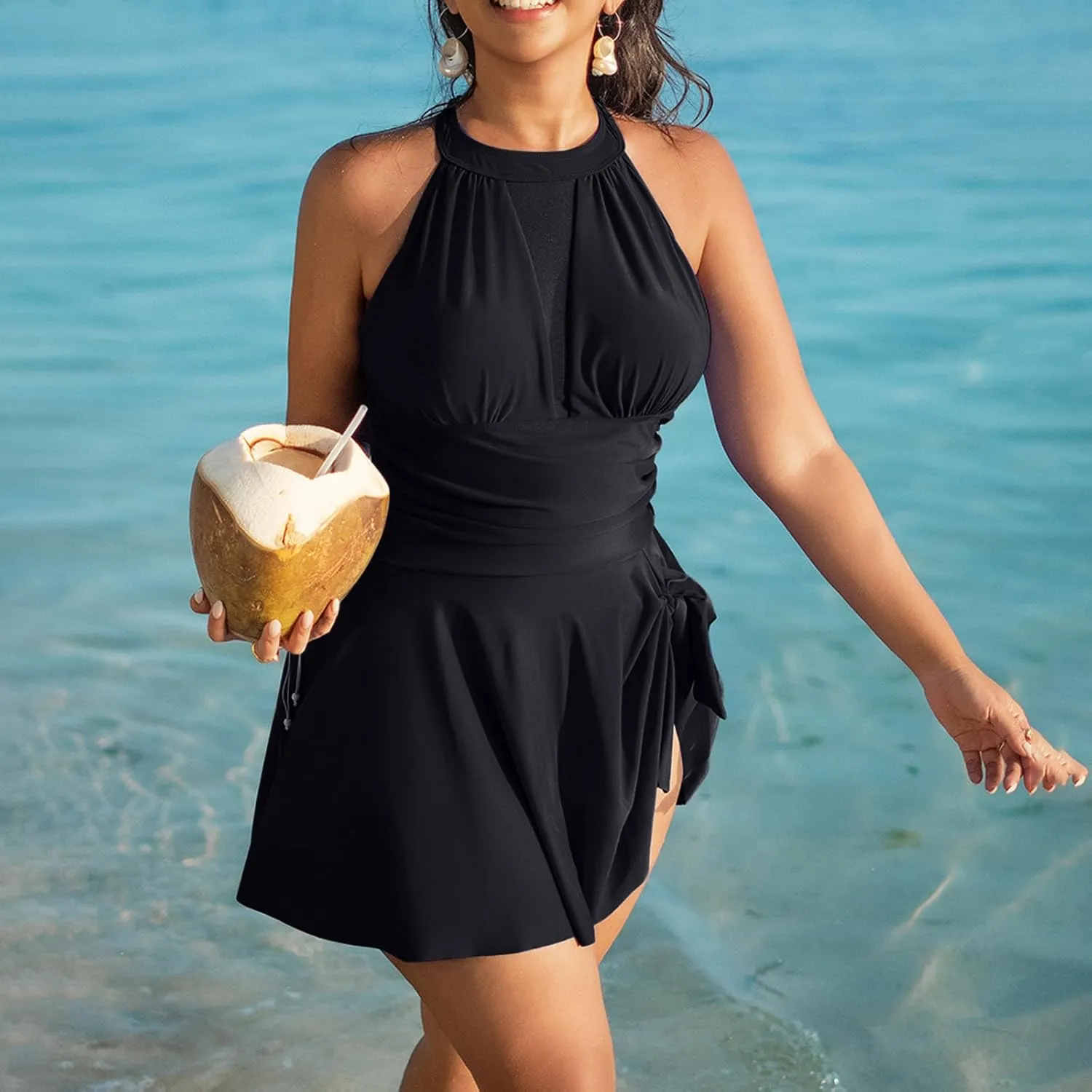 Plus Size Swimsuits for Women Spring Patchwork One Piece Trendy Swimdress Tie Knot Solid Halter Skirt Bathing Suits