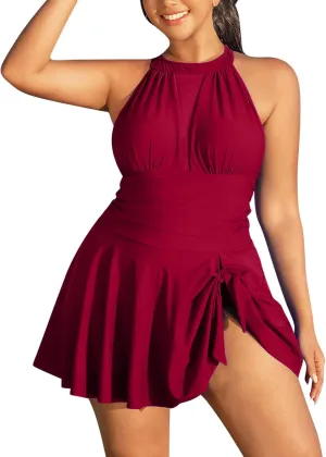 Plus Size Swimsuits for Women Spring Patchwork One Piece Trendy Swimdress Tie Knot Solid Halter Skirt Bathing Suits