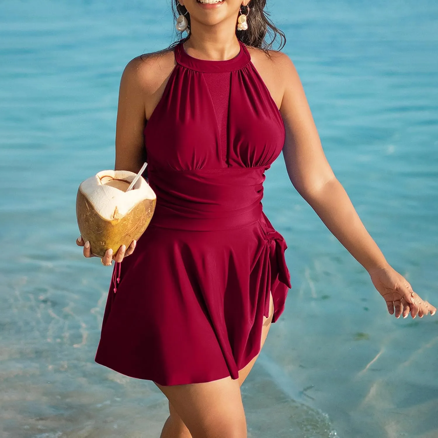 Plus Size Swimsuits for Women Spring Patchwork One Piece Trendy Swimdress Tie Knot Solid Halter Skirt Bathing Suits