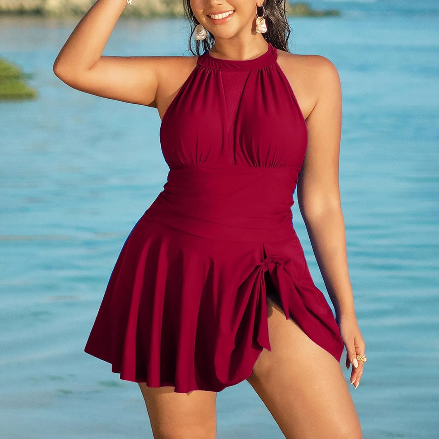 Plus Size Swimsuits for Women Spring Patchwork One Piece Trendy Swimdress Tie Knot Solid Halter Skirt Bathing Suits