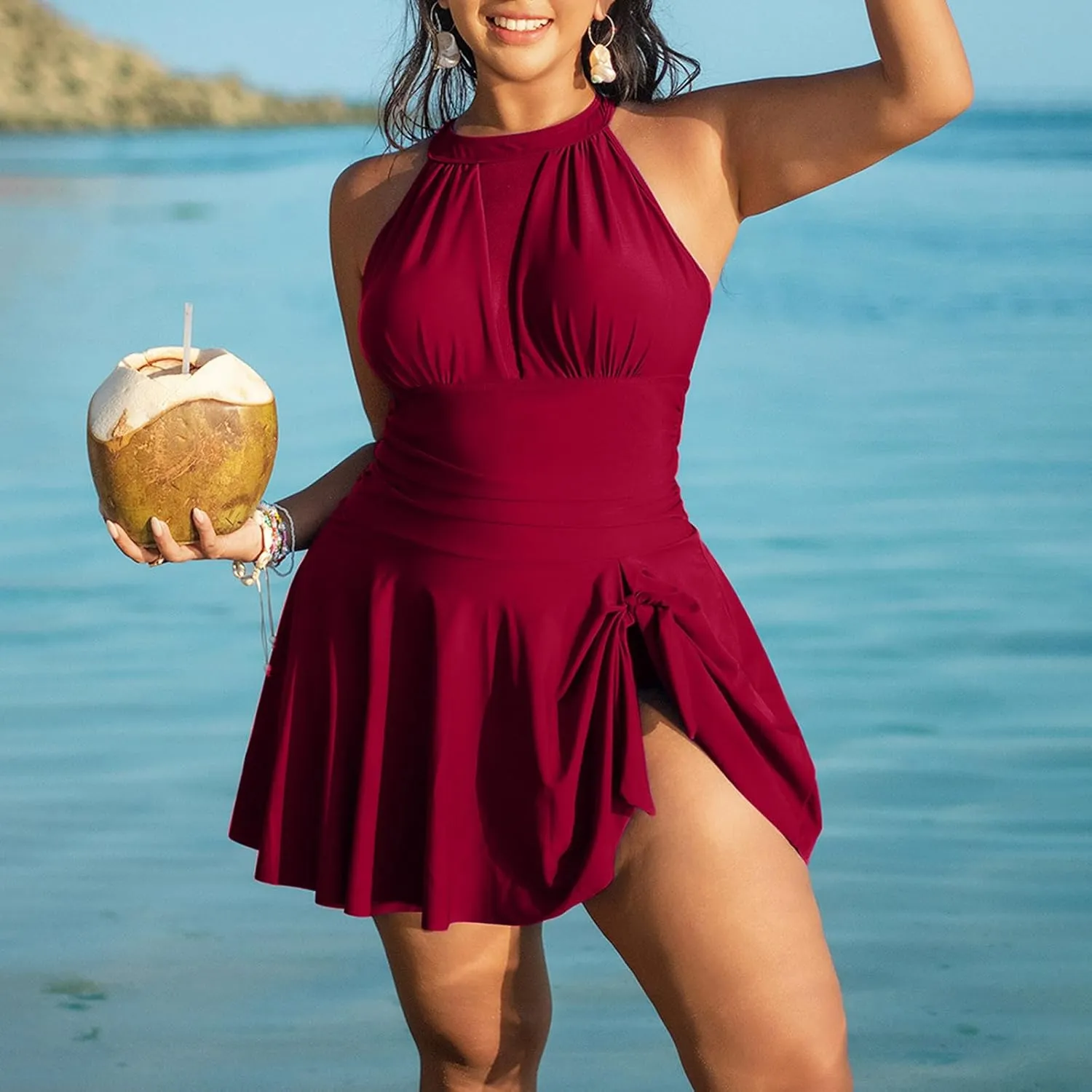 Plus Size Swimsuits for Women Spring Patchwork One Piece Trendy Swimdress Tie Knot Solid Halter Skirt Bathing Suits