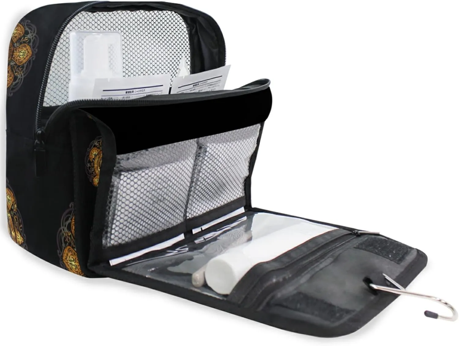 Polynesian Golden Tribal Sea Turtle Tattoo on Black Toned Maori Hanging Wash Gargle Toiletry Bag Travel Cosmetic Makeup Case Organizer Storage Large Portable