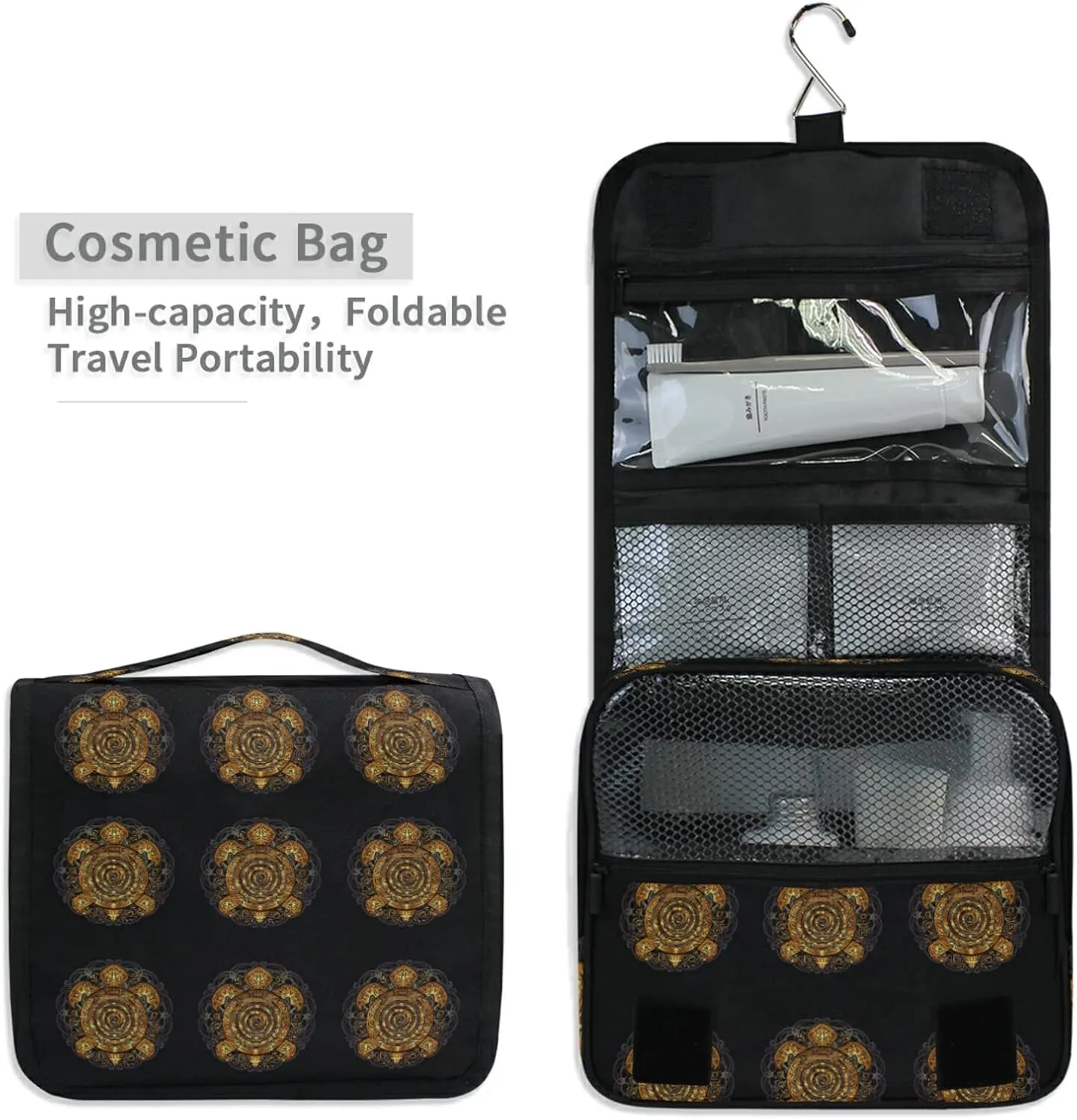 Polynesian Golden Tribal Sea Turtle Tattoo on Black Toned Maori Hanging Wash Gargle Toiletry Bag Travel Cosmetic Makeup Case Organizer Storage Large Portable