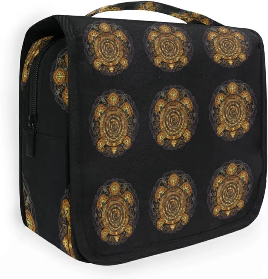 Polynesian Golden Tribal Sea Turtle Tattoo on Black Toned Maori Hanging Wash Gargle Toiletry Bag Travel Cosmetic Makeup Case Organizer Storage Large Portable