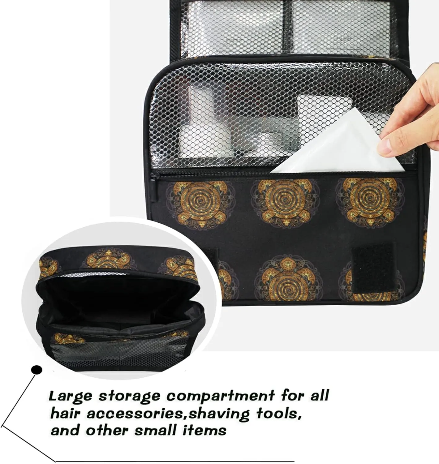 Polynesian Golden Tribal Sea Turtle Tattoo on Black Toned Maori Hanging Wash Gargle Toiletry Bag Travel Cosmetic Makeup Case Organizer Storage Large Portable