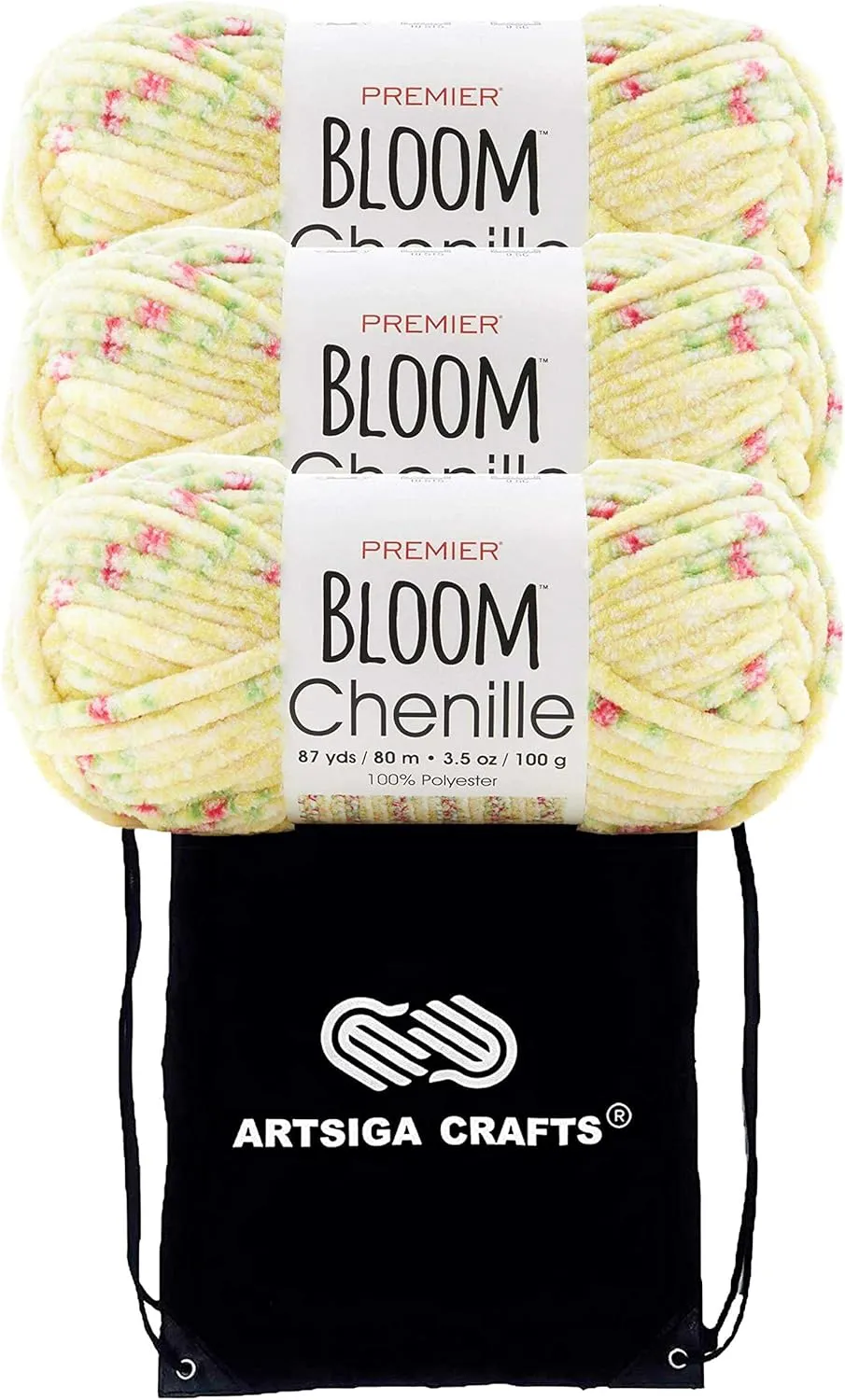 Premier Yarns Bloom Chenille Buttercup 2099-08 (3-Skeins - Same Dye Lot) Weight S Bulky #6 Polyester Yarn for Crocheting and Knitting with Project Bag