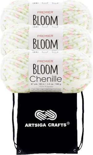 Premier Yarns Bloom Chenille Cherry Blossom 2099-02 (3-Skeins - Same Dye Lot) Weight S Bulky #6 Polyester Yarn for Crocheting and Knitting with Project Bag